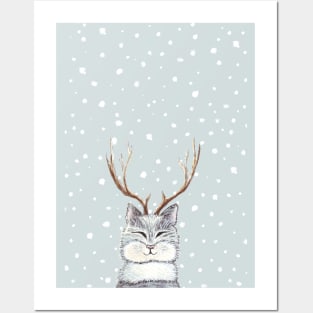 Cat with stag horns under the snowflakes Posters and Art